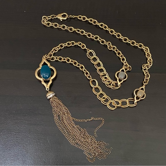 Vintage Double Sided Semi-Precious Stone Gold-tone Chain Tassel Necklace - Picture 6 of 16